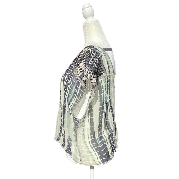 Burning Torch Upcycled Silk Blouse in Tie Dye Indigo on light Gray mesh detail - Picture 5 of 16